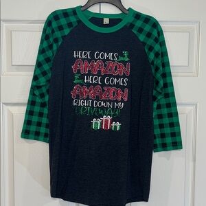 Green Plaid Sleeve Graphic Tee